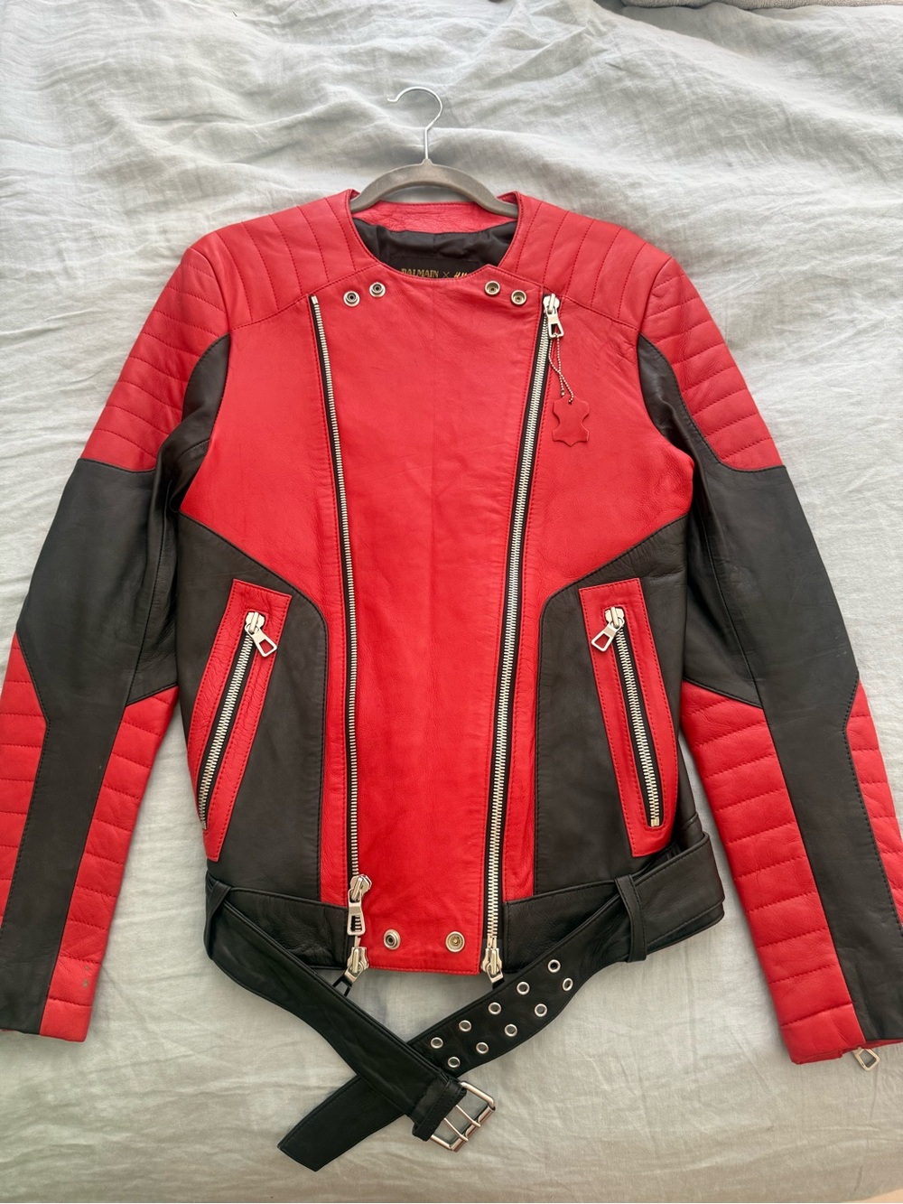 NEW: Balmain & HM Red and Black Quilted Moto Leather Jacket